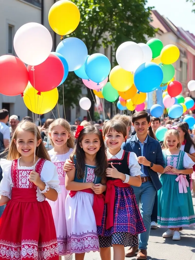 A photograph capturing children and families participating in a colorful parade in Potigny, featuring balloons, traditional costumes, and joyful expressions.