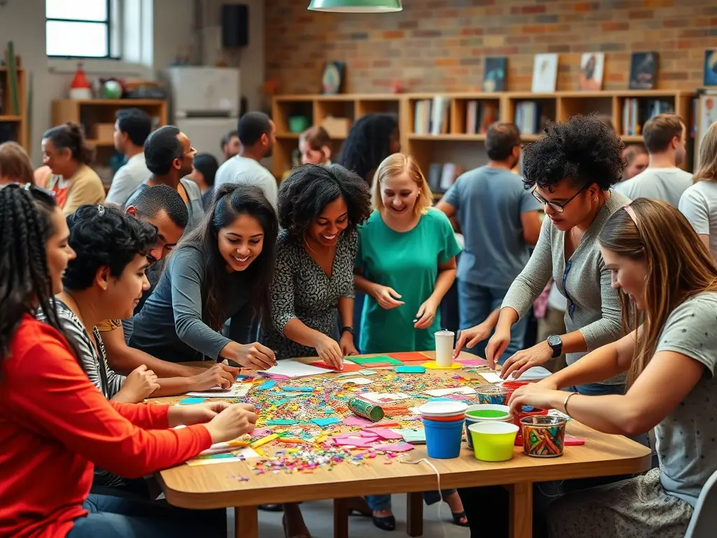 A group of diverse community members participating in a workshop during a local festival, highlighting the interactive and educational aspects of the events.
