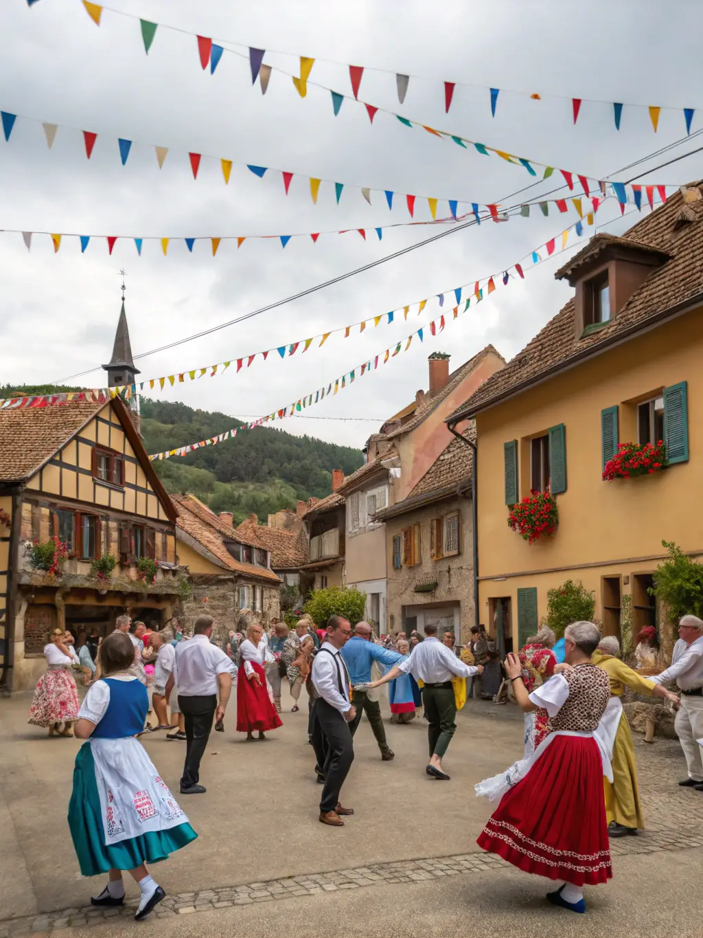 A vibrant image of a community festival in Potigny, with people enjoying music, dance, and traditional costumes, showcasing the lively atmosphere and cultural exchange.