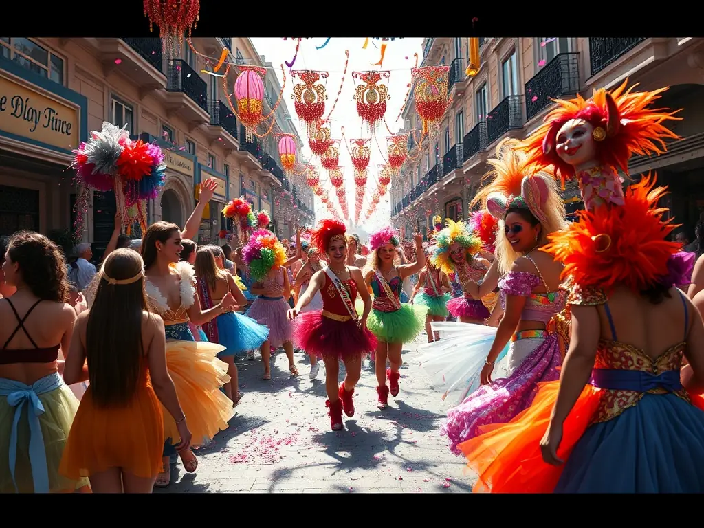 Children and families participating in a colorful parade with balloons and traditional costumes, capturing the joyful and engaging nature of the festive animations.