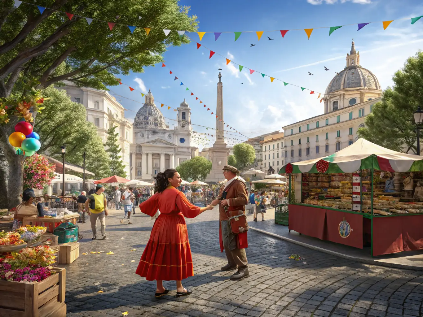 A vibrant image of a community festival with people enjoying music, dance, and traditional costumes, showcasing the lively atmosphere and cultural exchange.