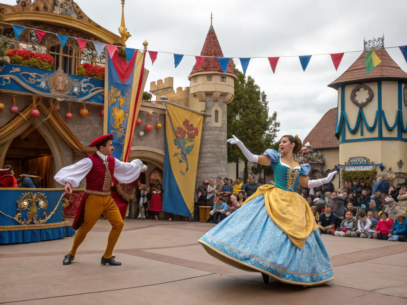 A vibrant image capturing a lively cultural festival in Potigny, with people of all ages participating in traditional dances and enjoying local food.