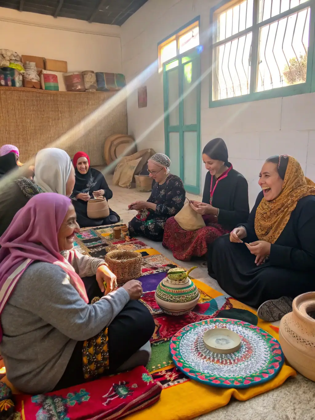 A photo of a workshop in Potigny where community members are learning a traditional craft, highlighting the intergenerational connections and cultural learning.